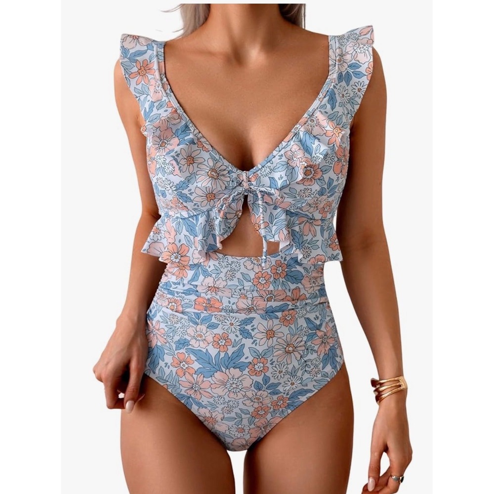 Floral Ruffle One Piece Swimsuit Womens Cut Out Tie Front Bathing Suit
